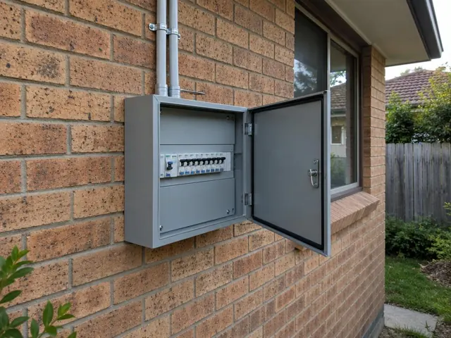 Open external switchboard mounted on a brick wall beside a window in Brookvale